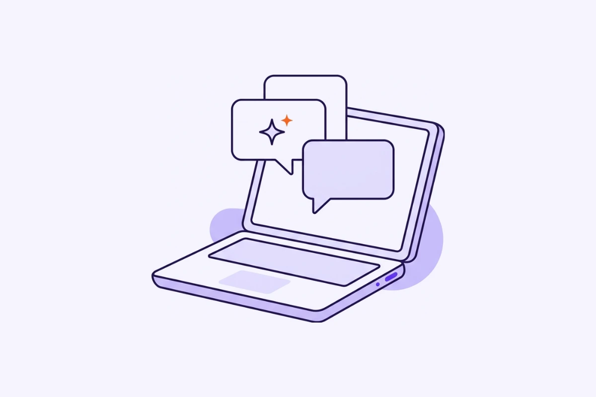 Illustration: Laptop mit Chat-Sprechblasen und KI-Stern