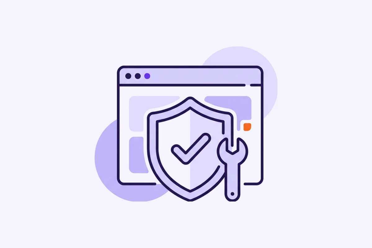 Illustration: Website mit Schutzschild und Schraubenschlüssel