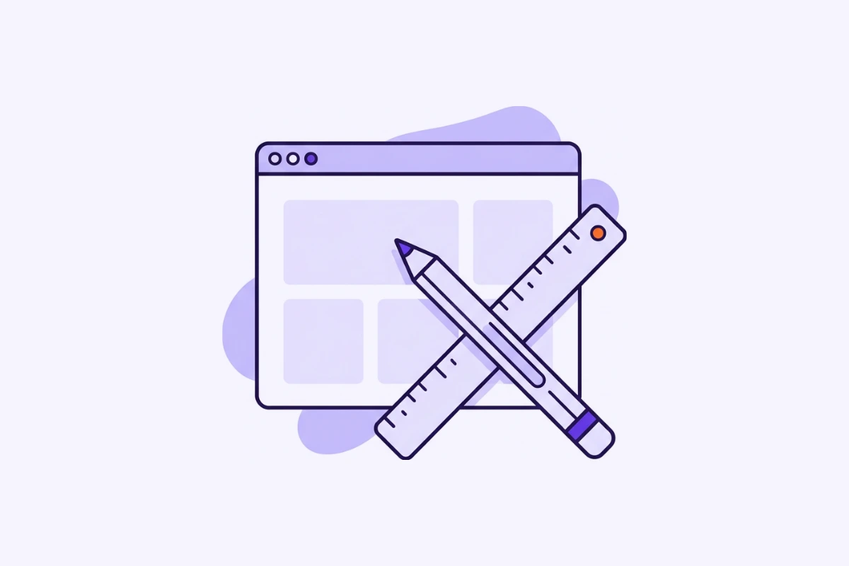 Illustration: Browserfenster mit Layout-Entwurf, Stift und Lineal